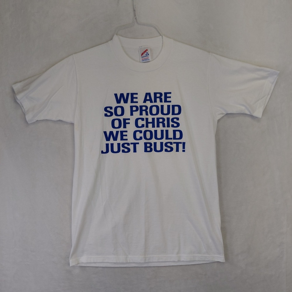 Vintage Jerzees Mens White Proud Of Chris Graphic T-Shirt Size M Made in USA